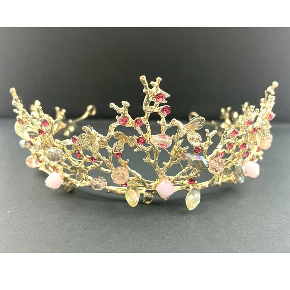 Unbranded Accessories - Light Pink Beaded Rhinestone Gold Tone Metal Tiara Crown NEW Elegant